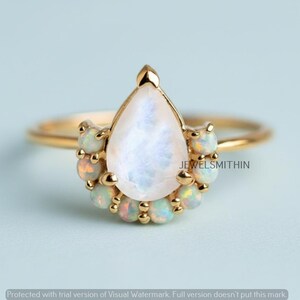 Pear Moonstone and Opal Cluster Engagement Ring, Handmade Women Jewelry, Anniversary Gift for Her