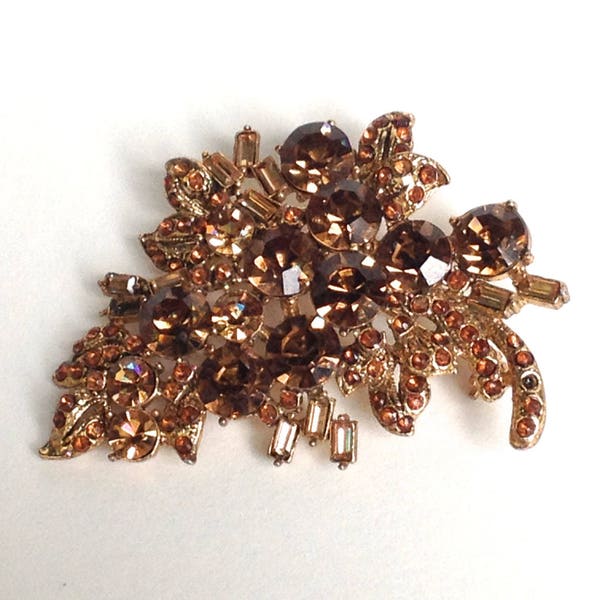 Vintage Brooch Rhinestone Smokey Topaz Leaf Unique Vintage Gift