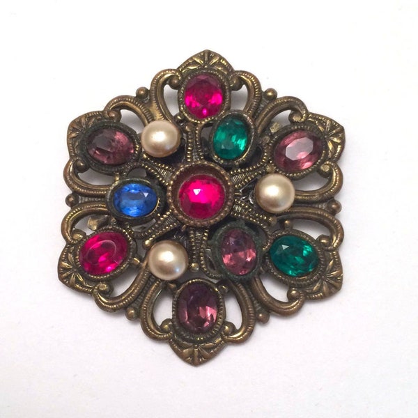 Vintage Brooch Czech Multi Color Rhinestone and Brass Filigree Unique Vintage Gift