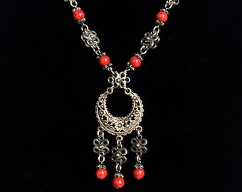 Vintage Czech Glass Bead Necklace: Boho Red Filigree Pendant