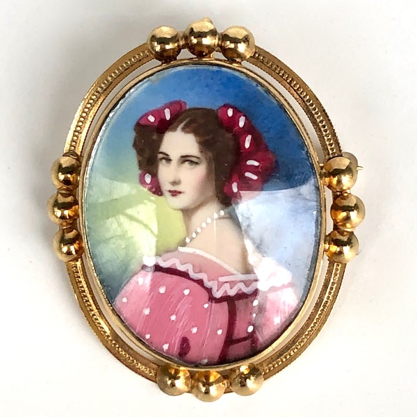 Miniature Portrait Brooch Sissi of Austria Carl Art 12k GF Unique Vintage Gift