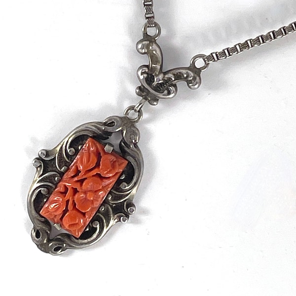 Vintage Necklace Sterling and Glass Coral Unique Vintage Gift