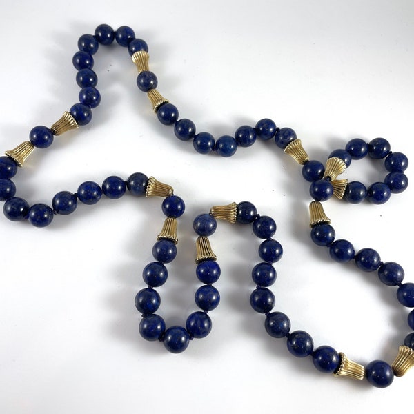 Vintage Necklace Lapis and Gold Beaded