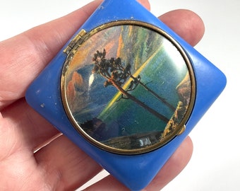 Vintage Compact Blue Enamel Landscape