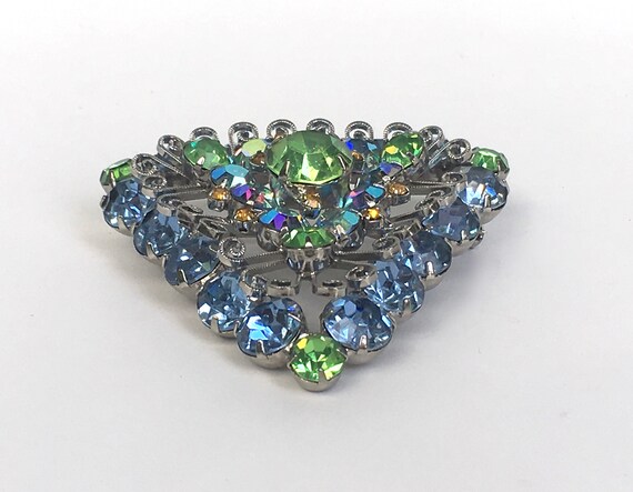 Vintage Brooch Rhinestone Juliana Blue Green AB U… - image 7