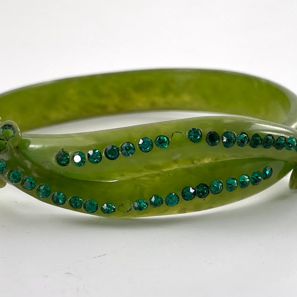 Vintage Snake Bracelet Green Celluloid Rhinestones