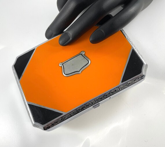 Vintage Compact Art Deco Orange Black Enamel Foot… - image 4