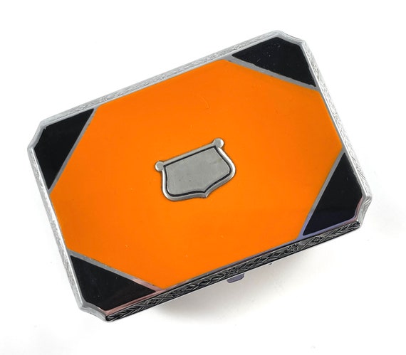 Vintage Compact Art Deco Orange Black Enamel Foot… - image 2