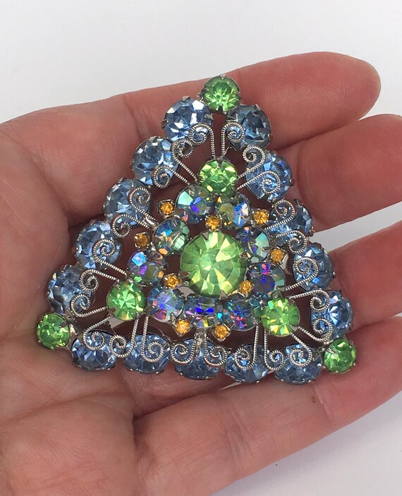 Vintage Brooch Rhinestone Juliana Blue Green AB U… - image 3