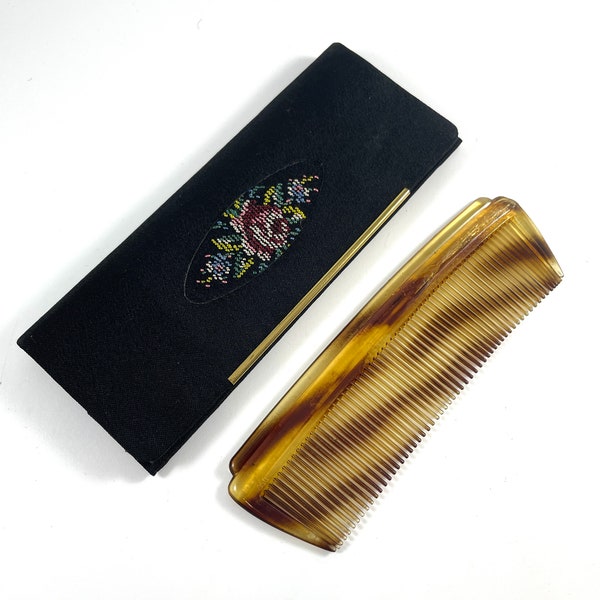 Vintage Comb in Black Fabric Petit Point Case with Mirror Germany