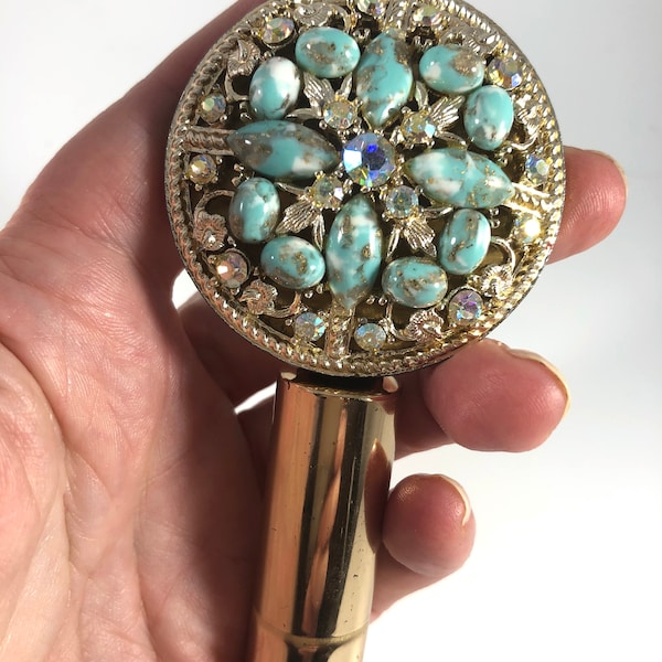 Vintage Lipstick Jeweled with Mirror Folding Unique Vintage Gift