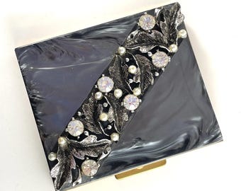 Vintage Compact Grey Lucite Rhinestone Mother of Pearl