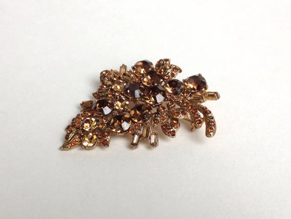 Vintage Brooch Rhinestone Smokey Topaz Leaf Uniqu… - image 4