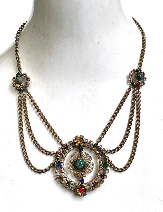 Vintage Necklace Czech Festoon Multi Color Stones - image 2