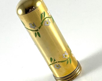 Vintage Lipstick Case Brass Hand Painted White Flowers Daisies