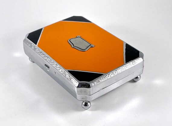 Vintage Compact Art Deco Orange Black Enamel Foot… - image 5