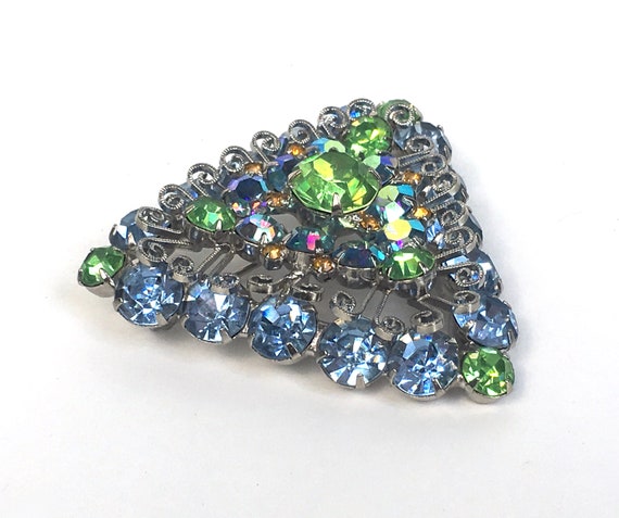 Vintage Brooch Rhinestone Juliana Blue Green AB U… - image 5