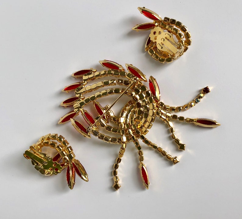 AB and Red Rhinestone Brooch and Earrings Unique Vintage Gift