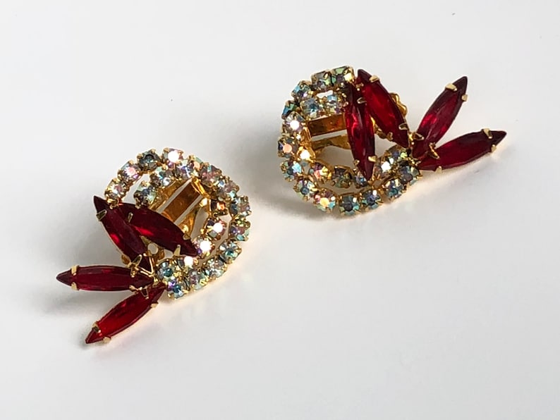 AB and Red Rhinestone Brooch and Earrings Unique Vintage Gift