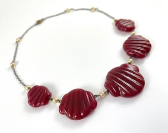 Vintage Czech Glass Necklace: Pressed Seashell Beads, Faux Pearl Accent