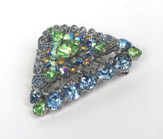 Vintage Brooch Rhinestone Juliana Blue Green AB U… - image 8