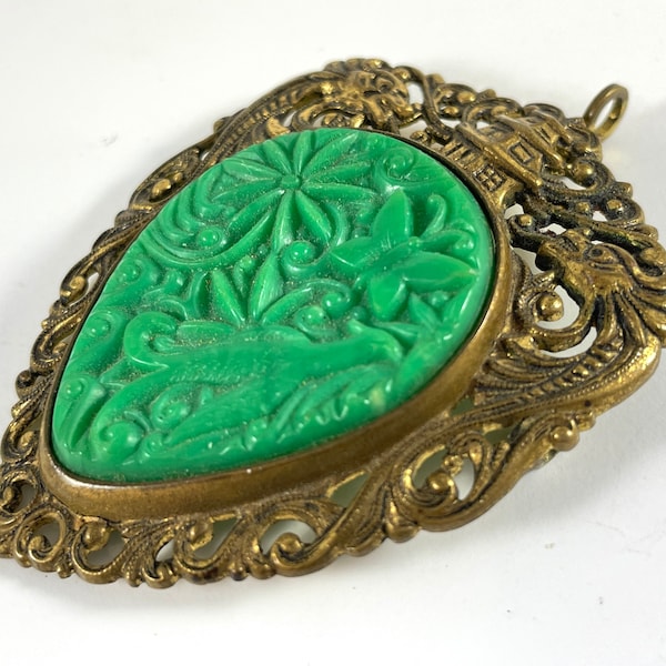 Vintage Pendant brooch faux Jade Dragon Phoenix