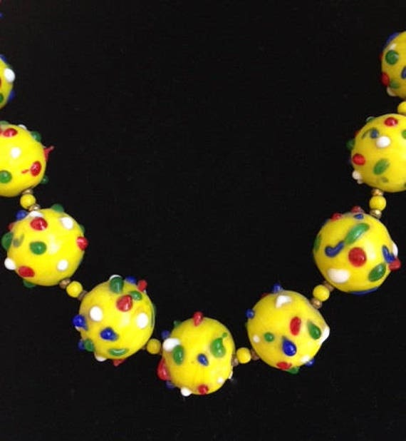 Glass Necklace Confetti Beads Yellow Unique Vinta… - image 1