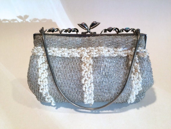 Vintage Purse Beaded Silver with Pearls AB Frame … - image 1