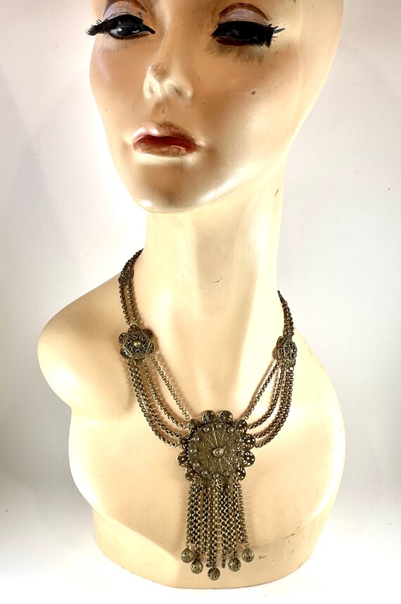 Vintage Necklace Brass Festoon Fringe Gem