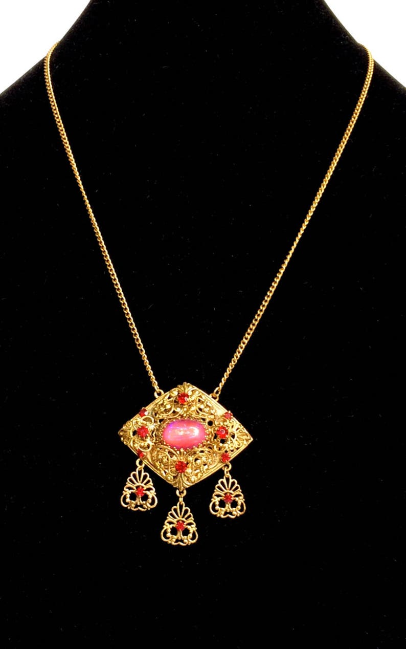 Czech Necklace with Pink Moon Stone Art Glass Unique Vintage Gift