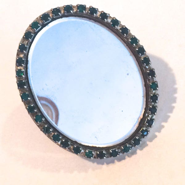 Lipstick Mirror Green Rhinestone Clip on Mirror Unique Vintage Gift Mothers Day Gift