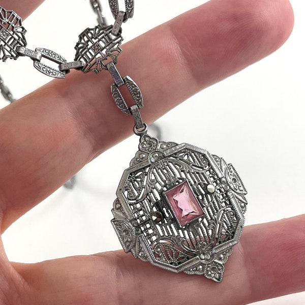 Vintage Necklace Art Deco Rhodium Plated Filligree Pink Glass Stone