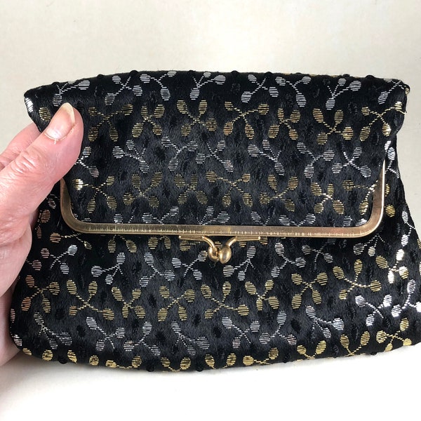 Black Fabric Evening Bag Mid Century Foldover Clutch Unique Vintage Gift