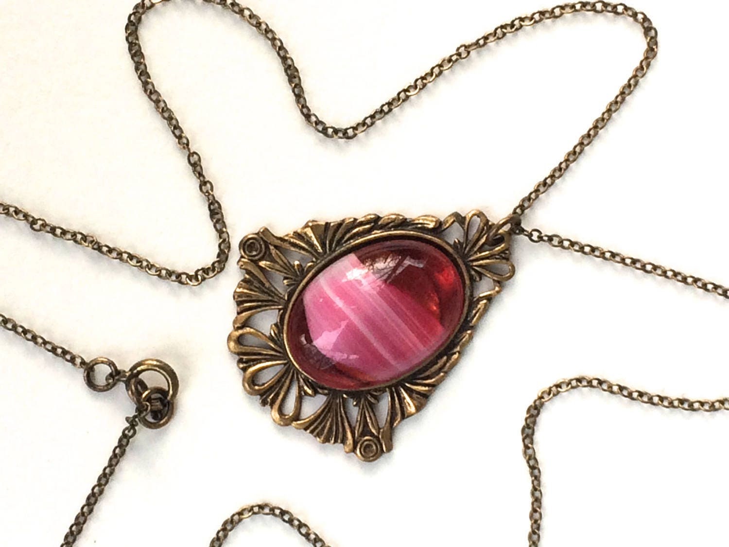 Vintage Necklace Art Glass Pendant Art Nouveau Pink Necklace Etsy