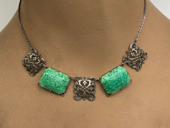 Vintage Necklace Art Deco Choker Peking Glass Rho… - image 4