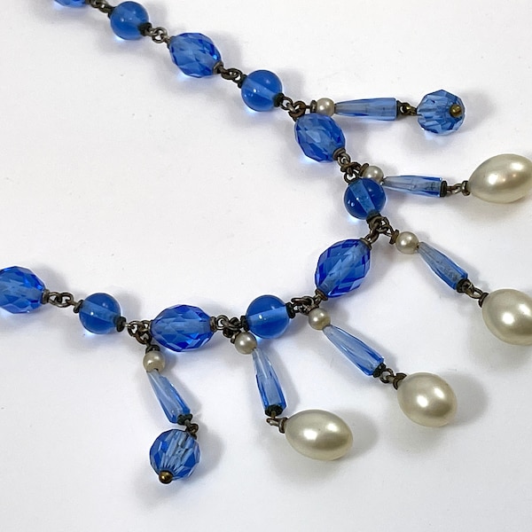 Vintage Necklace Czech Art Deco Blue Crystal Faux Pearls