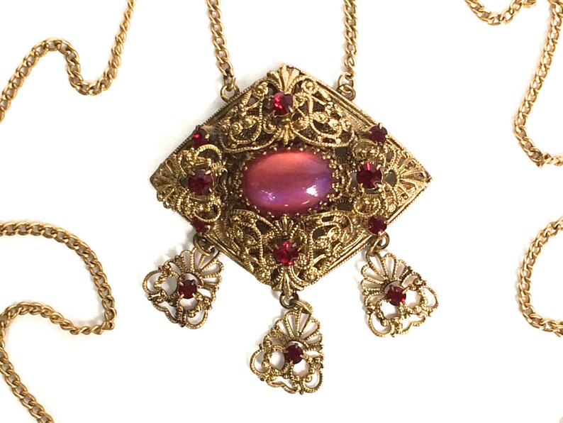 Czech Necklace with Pink Moon Stone Art Glass Unique Vintage Gift