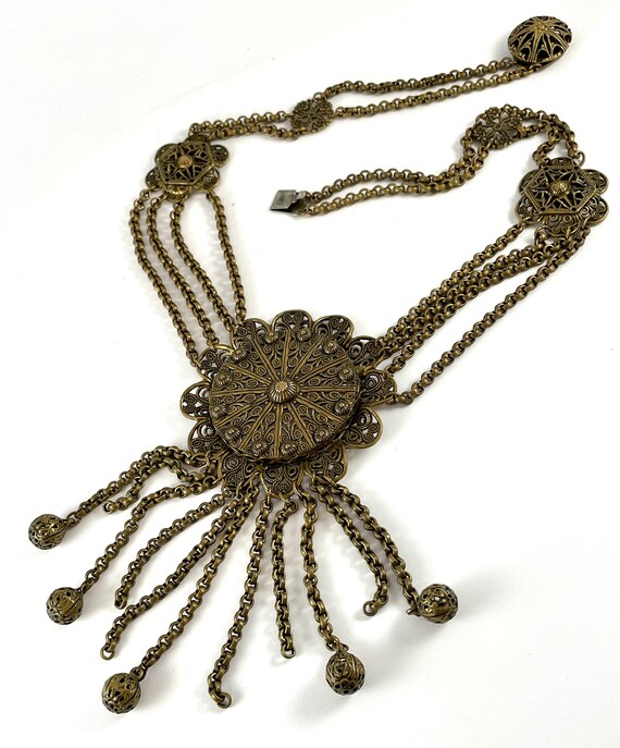 Vintage Necklace Brass Festoon Fringe Gem