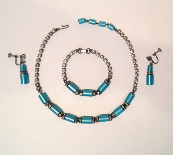 Rhinestone and Turquoise Moonglow Lucite Parure U… - image 2