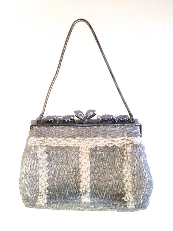 Vintage Purse Beaded Silver with Pearls AB Frame … - image 2