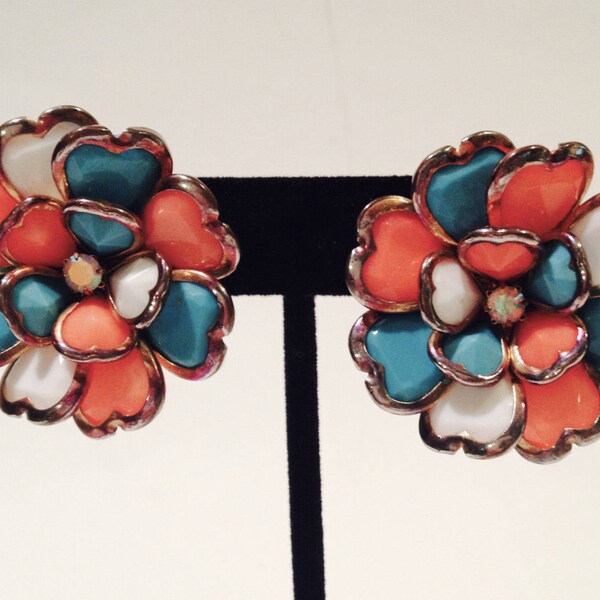Flower Clip on Earrings Vintage coral and turquoise colors  Mothers Day Gift Unique Vintage GiftMothers Day Gift