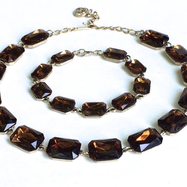 Vintage Necklace Bracelet Jewelry Set Brown Rhinestone Necklace and Bracelet Demi Parure Unique Vintage Gift