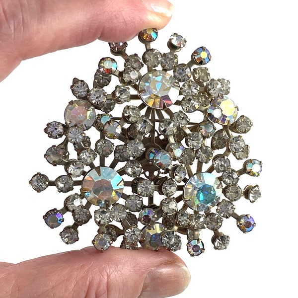 Vintage Brooch Rhinestones Aurora Borealis HUGE