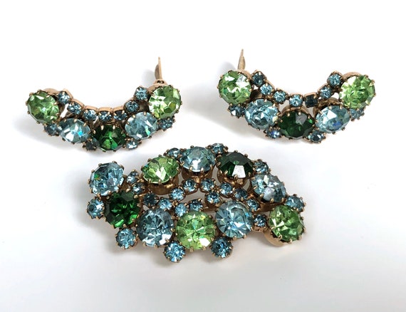 Vintage Brooch Earrings Set Karu Blue Green Rhinestone Demi | Etsy