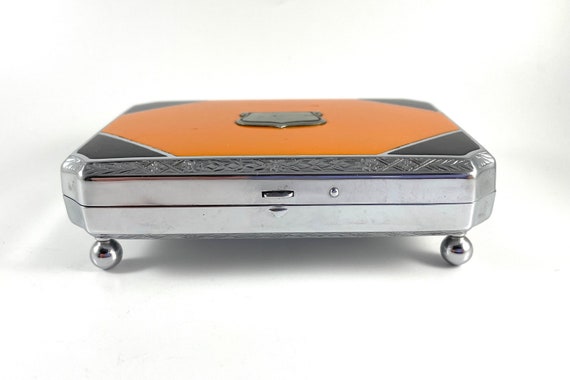 Vintage Compact Art Deco Orange Black Enamel Foot… - image 3