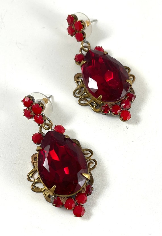 Vintage Earrings Red Glass Stones Czech Unique Vin