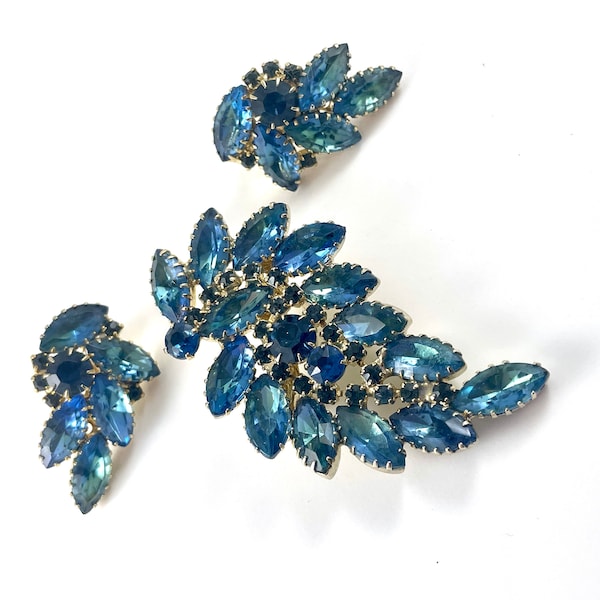 Blue Rhinestone Brooch and Earrings