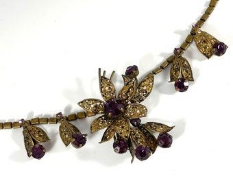 Vintage Necklace Czech Purple Amethyst Floral Glass Antique