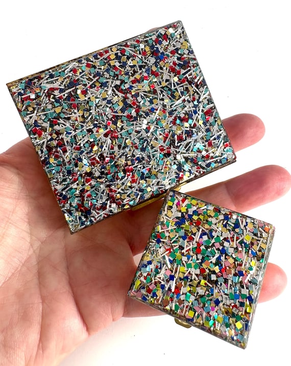 Vintage Compact and Pill box Confetti Lucite