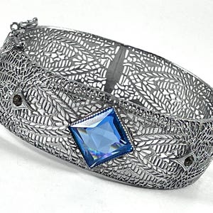Art Deco Bracelet Rhodium Plated Blue Glass Stone